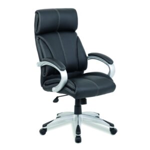 Strand High Back Leather Faced Manager Chair with Satin Silver Finish to Armrests and Base Contrasting Stitching Black