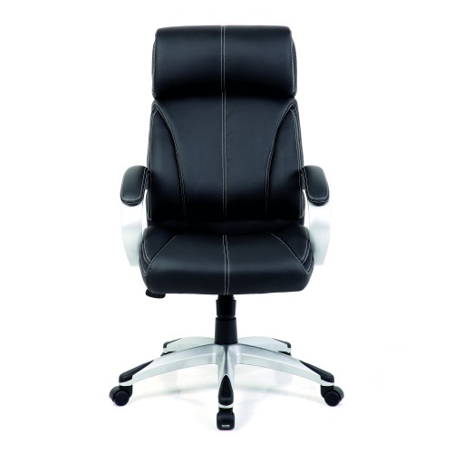 Strand High Back Leather Faced Manager Chair with Satin Silver Finish to Armrests and Base Contrasting Stitching Black - Image 3