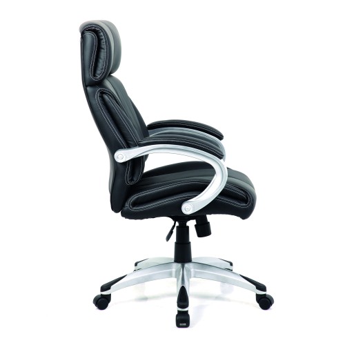 Strand High Back Leather Faced Manager Chair with Satin Silver Finish to Armrests and Base Contrasting Stitching Black - Image 2